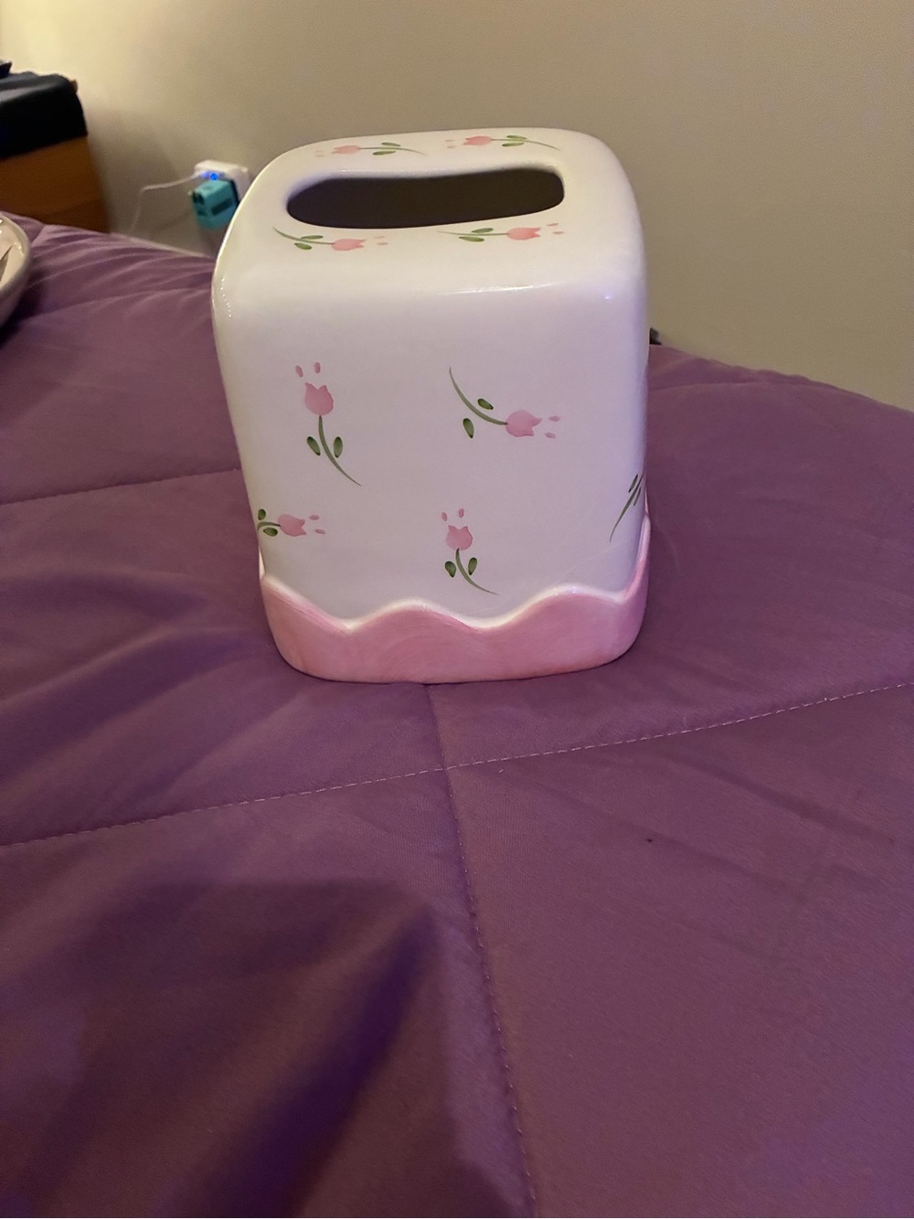 Ceramic Pink Floral Tissue Box Cover - White & Pink
